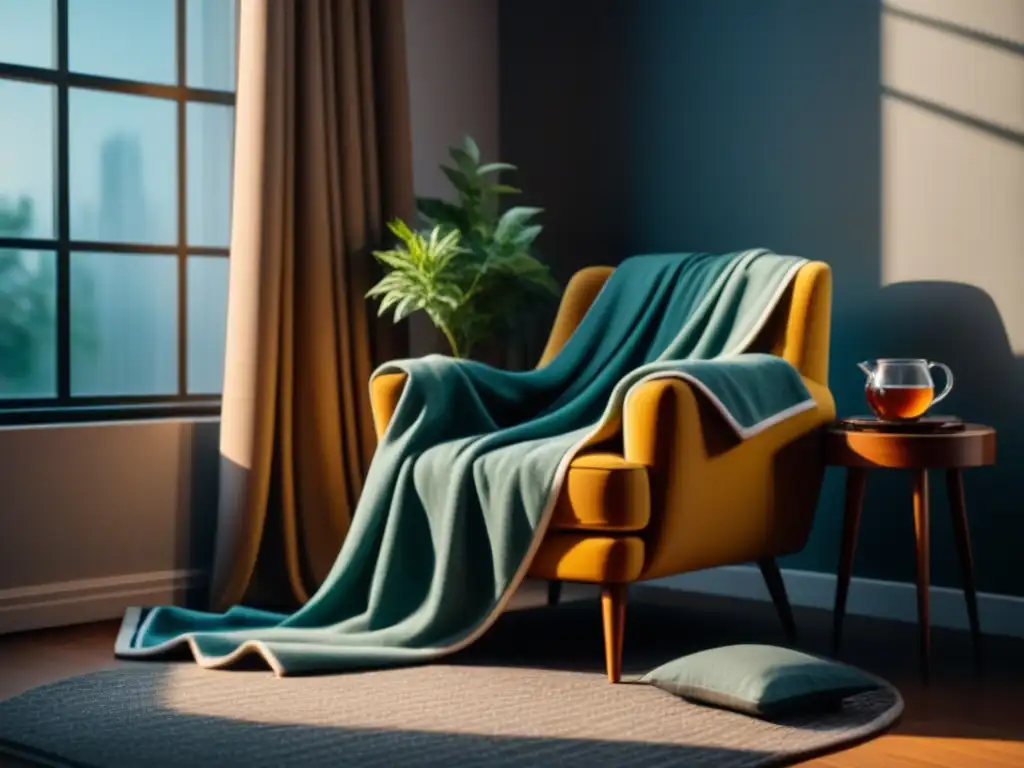 Rincón acogedor y tranquilo: sillón, té y libros en hogar moderno Un rincón acogedor en casa para técnicas de relajación rápida, con un sillón, manta, té, libros y planta, bañado por luz solar