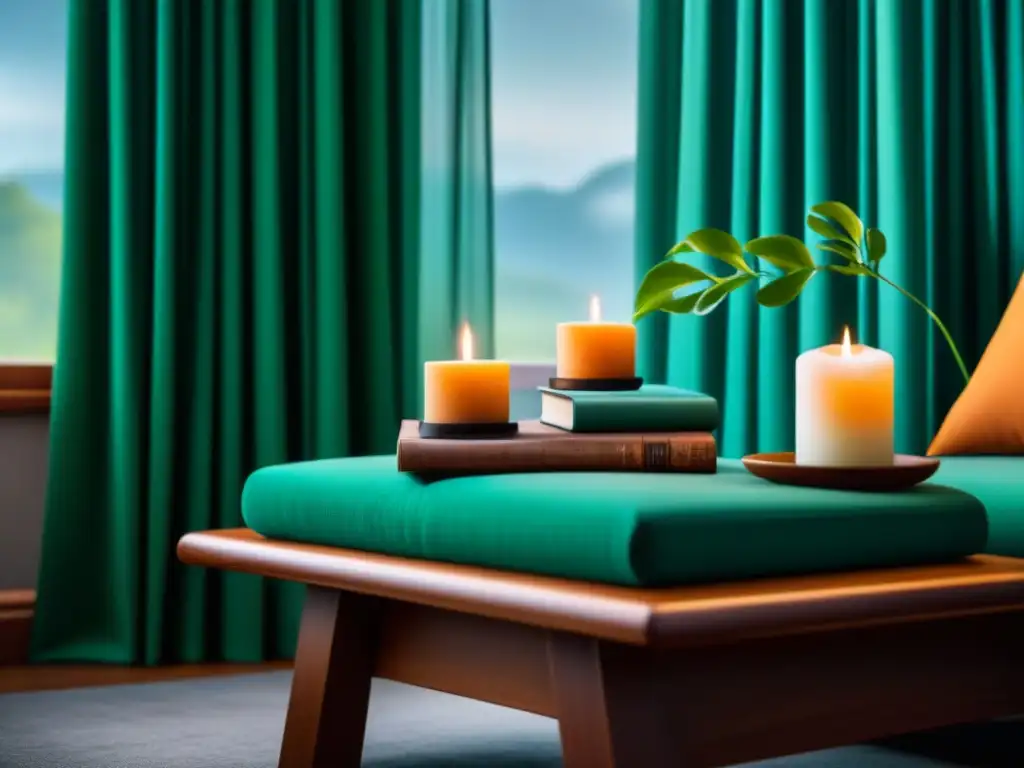 Rincón de meditación en casa: serenidad y calma Un rincón acogedor para meditación guiada para bienestar personal, con luz suave y elementos zen