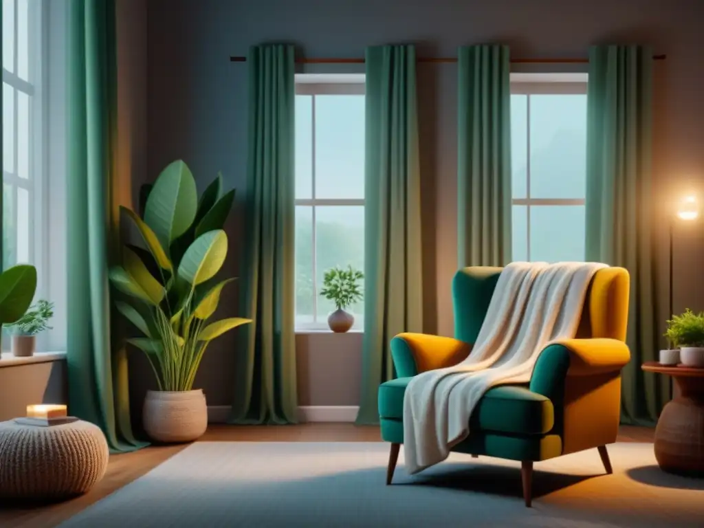 Salón sereno con iluminación cálida y acogedora Un rincón acogedor iluminado por luces inteligentes para relajación en casa, con una butaca, manta de punto, taza de té y libros