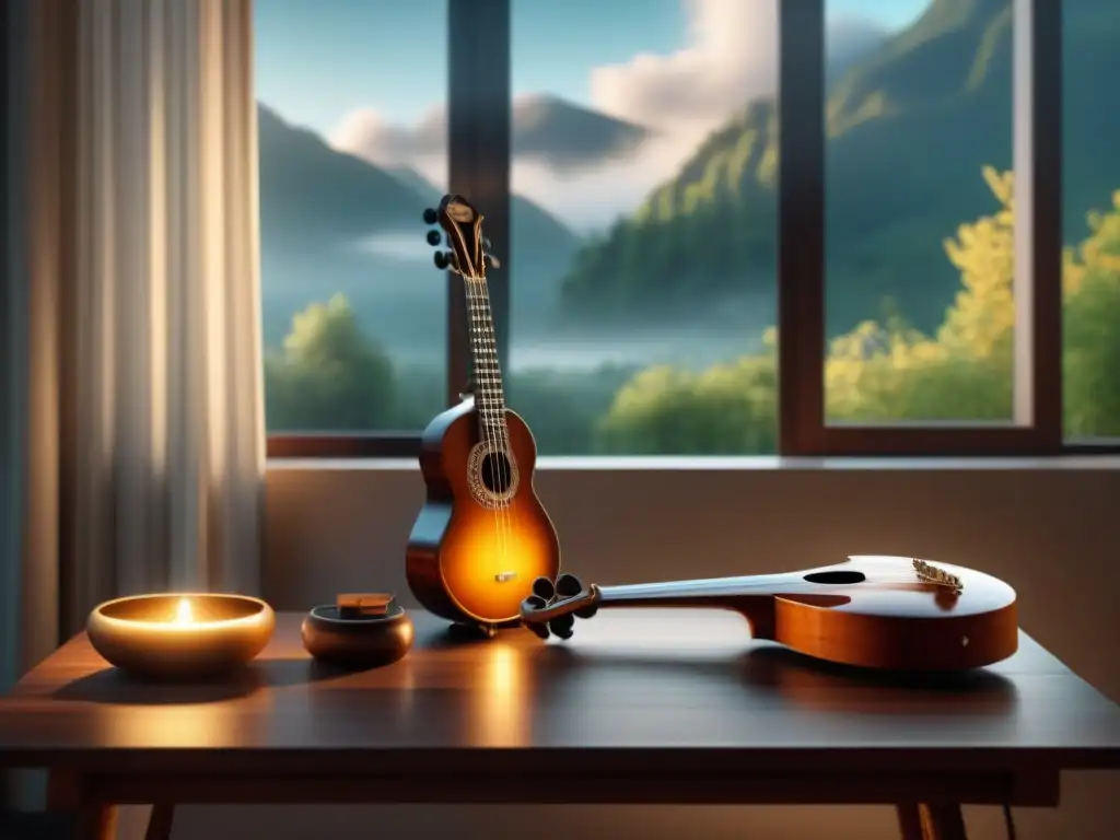 Armonía y relajación: Cuenco Tibetano y Kalimba en ambiente sereno Un rincón acogedor con instrumentos musicales relajantes iluminados por el sol