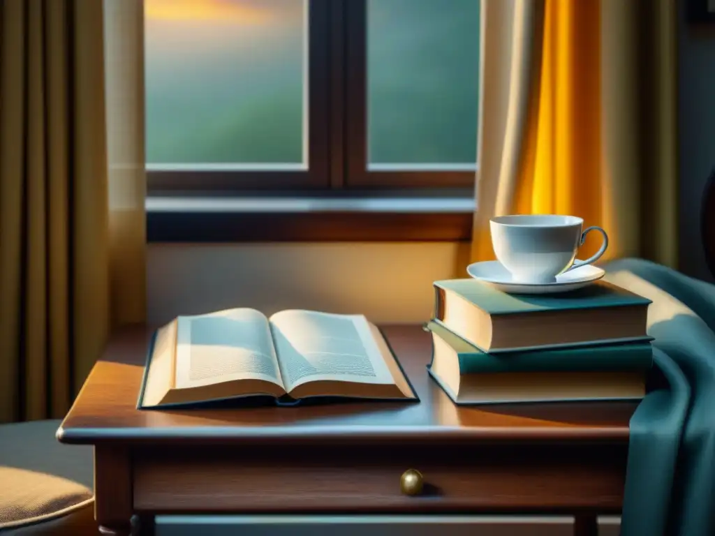 Rincón de lectura acogedor con té de manzanilla Un rincón acogedor para leer con un té de manzanilla, libros y luz dorada