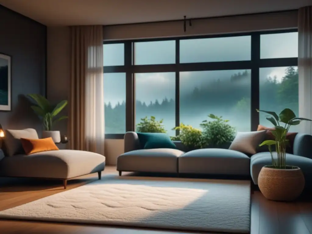 Salón acogedor: oasis de serenidad y relax Un rincón acogedor con decoración minimalista y vista a un jardín exuberante