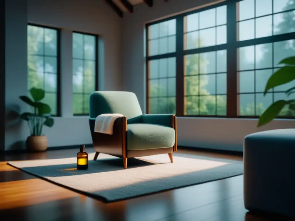 Un rincón acogedor y relajante en una oficina con vista a un jardín, ideal para beneficios programas relajación corporativa