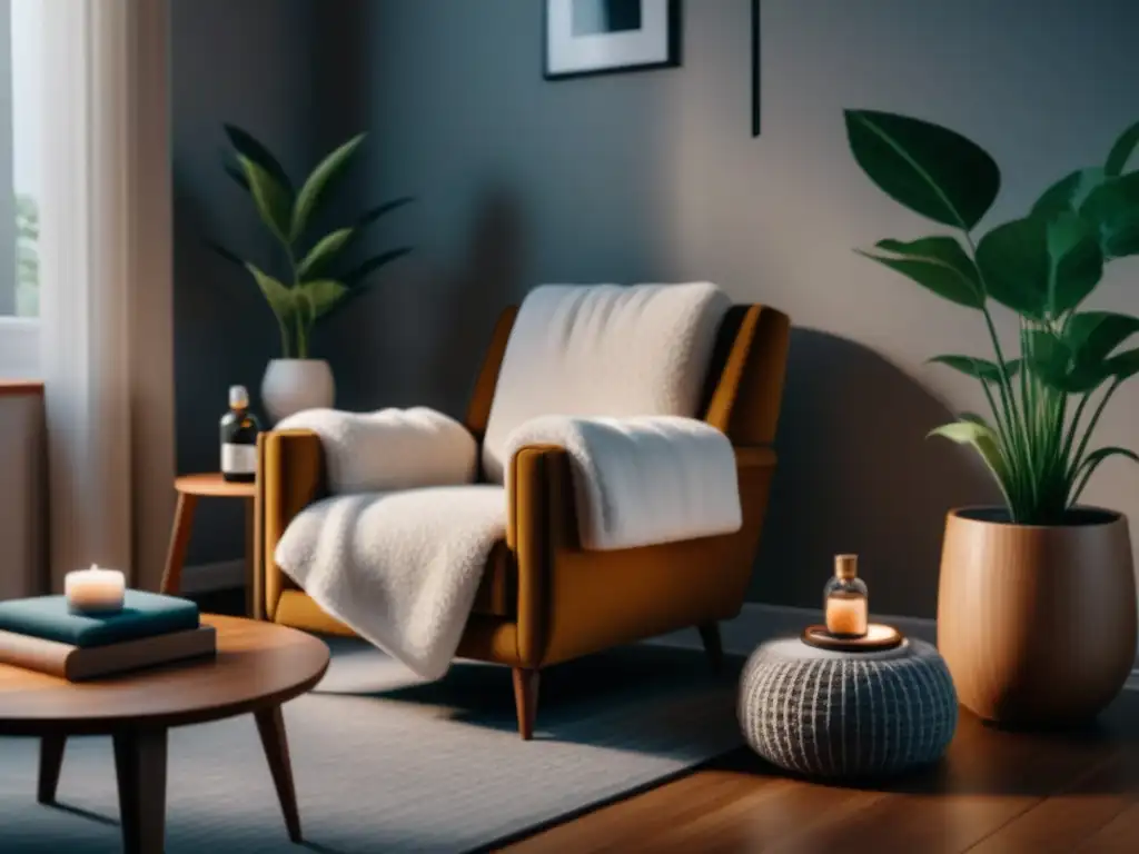 Un rincón acogedor para retiro relajación casa estudiantes con sillón, libros, planta y difusor de aceites esenciales