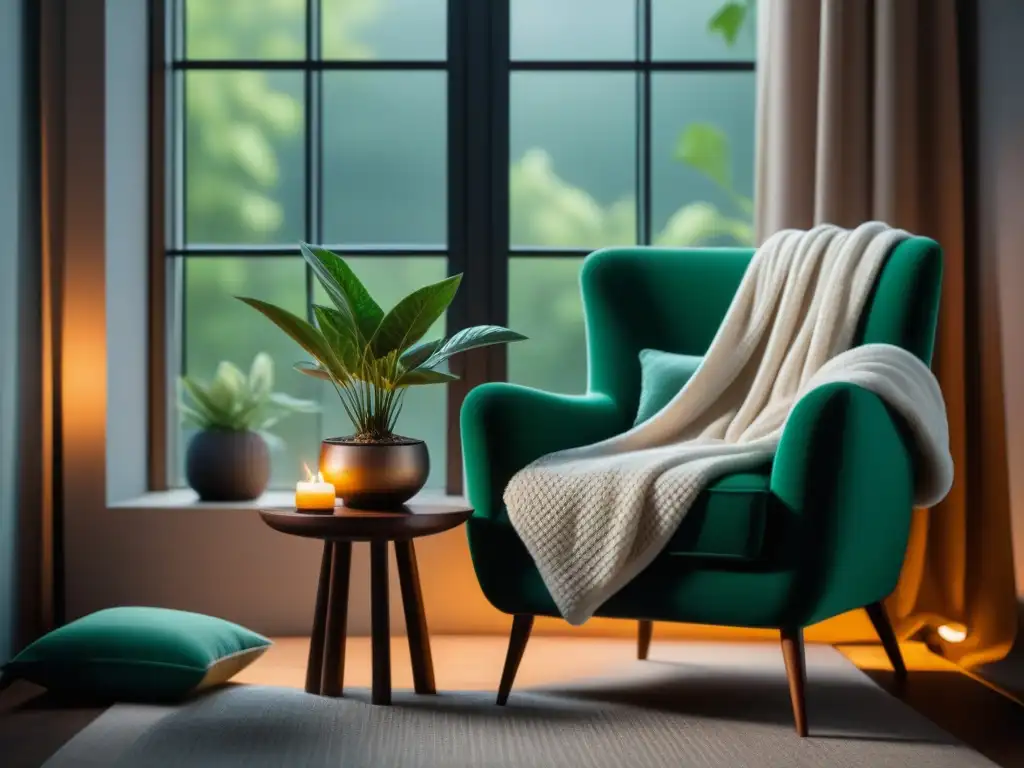 Rincón acogedor y minimalista para relajarse en el salón moderno Un rincón acogedor en una sala moderna con un sillón, manta, libros, vela y planta