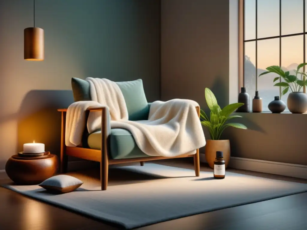 Refugio hogareño: rincón acogedor con aromaterapia y plantas Un rincón acogedor en un santuario de paz con aromaterapia: sillón mullido, mantas suaves, almohadas en tonos tierra y esenciales relajantes