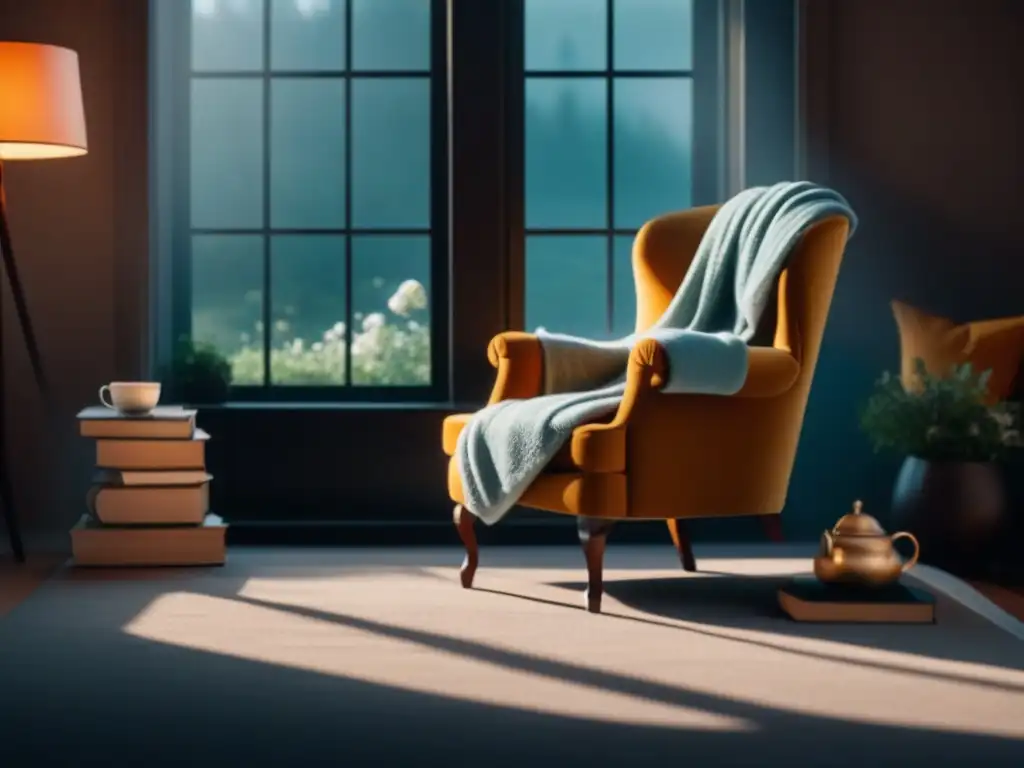 Rincón acogedor: sillón, manta y té para un momento de serenidad Un rincón acogedor y sereno con una butaca grande bañada por la luz del sol, decorada con una manta, té y libros