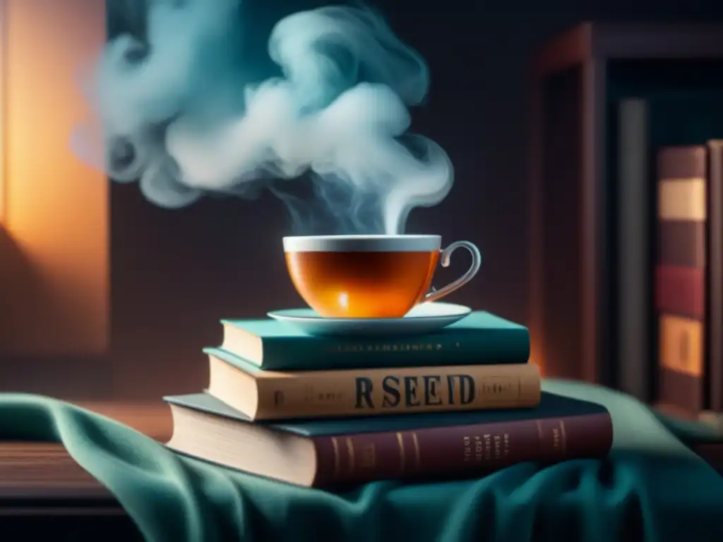 Rincón de lectura acogedor con taza de té humeante Un rincón acogedor para leer con tés relajantes, libros apilados y una suave luz de lectura