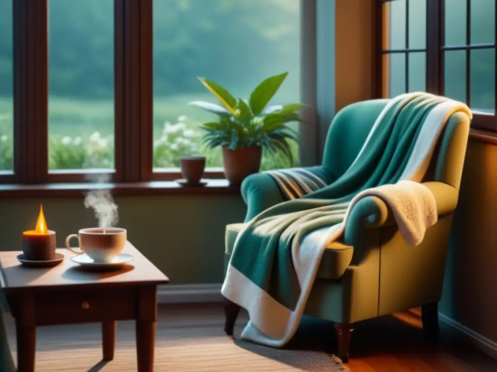Rincón de lectura acogedor: relax con té y libros Un rincón acogedor para leer con tés relajantes, libros y luz solar suave