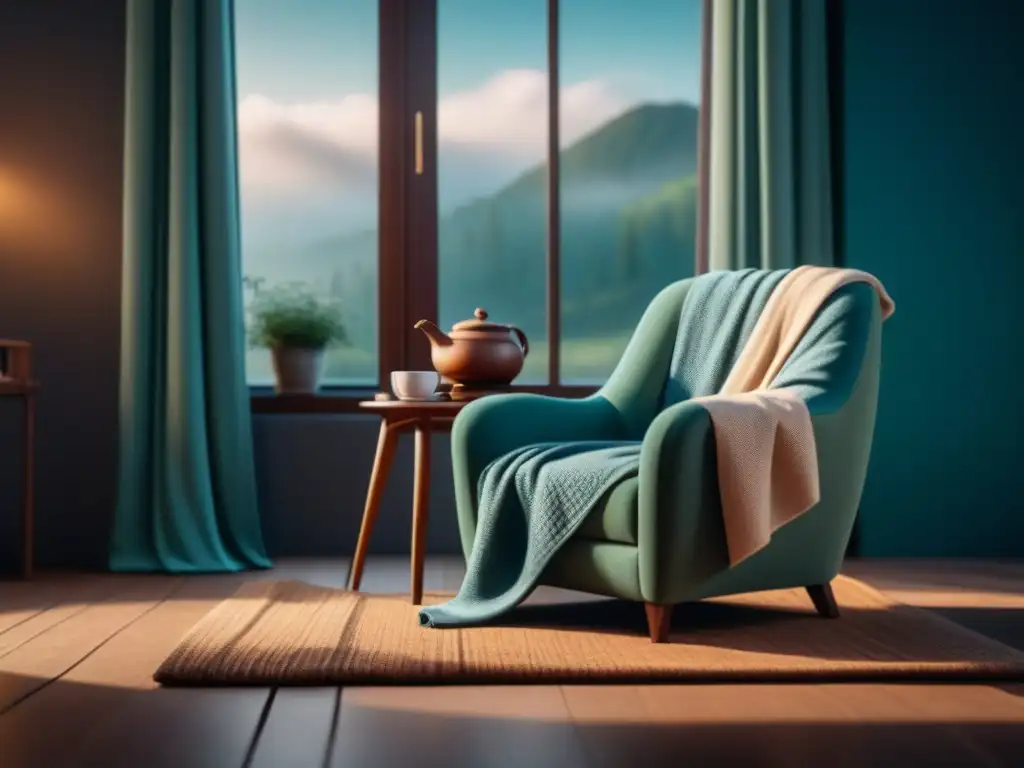 Espacio sereno: Sillón cómodo junto a ventana con vista al jardín Un rincón sereno y acogedor para relajarse en casa, con una cómoda butaca junto a la ventana y una taza de té