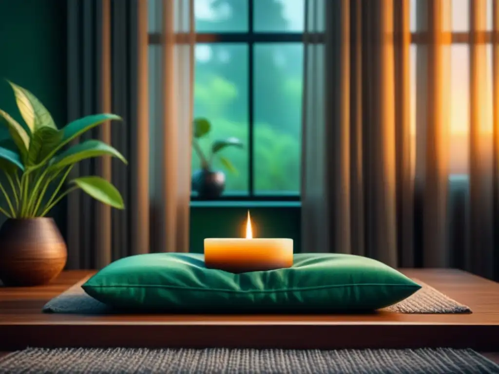 Rincón de meditación sereno en casa con cojín y vela Un rincón sereno de meditación en casa con cojín, altar de madera y vela