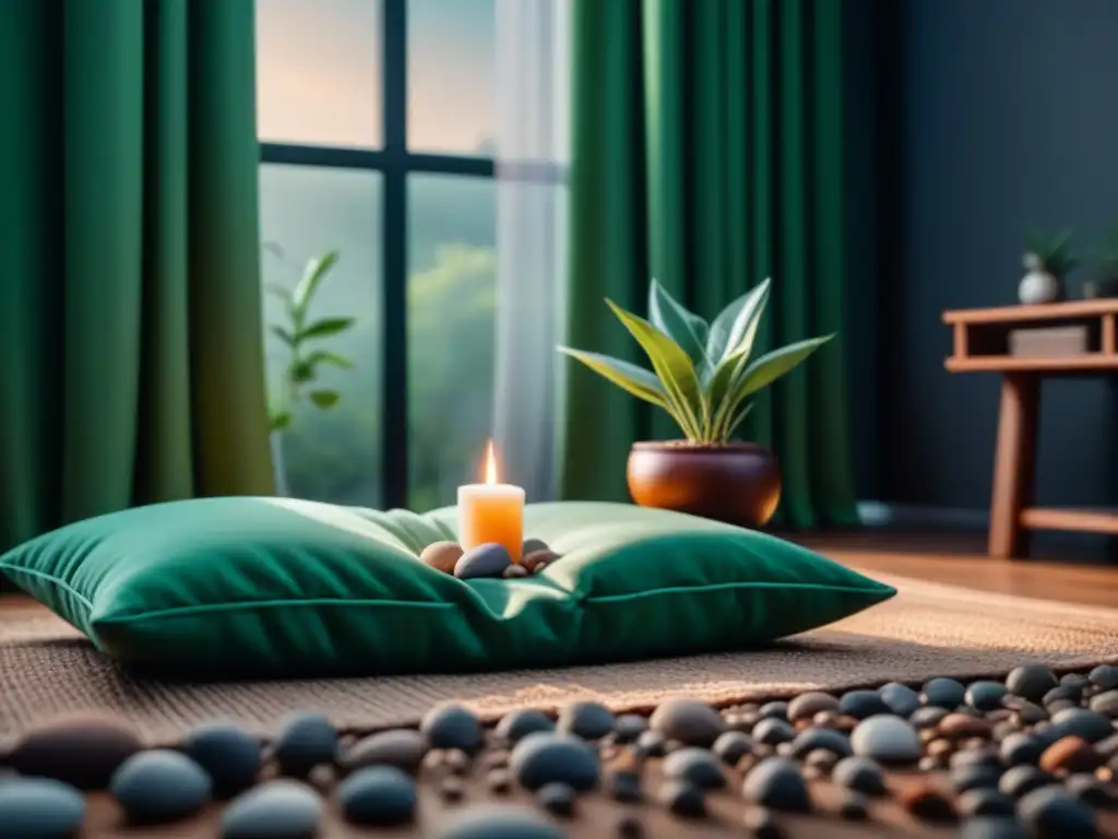 Rincón de meditación en casa: serenidad y paz interior Un rincón sereno para meditar en casa con cojín, vela, plantas y luz natural