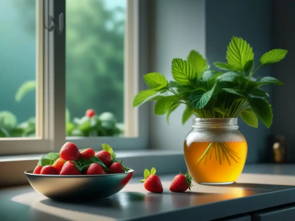 Desayuno dulce y sereno: fresas frescas, miel dorada y menta Un rincón sereno de cocina con fresas frescas, miel dorada y menta, transmitiendo equilibrio emocional con dieta dulce