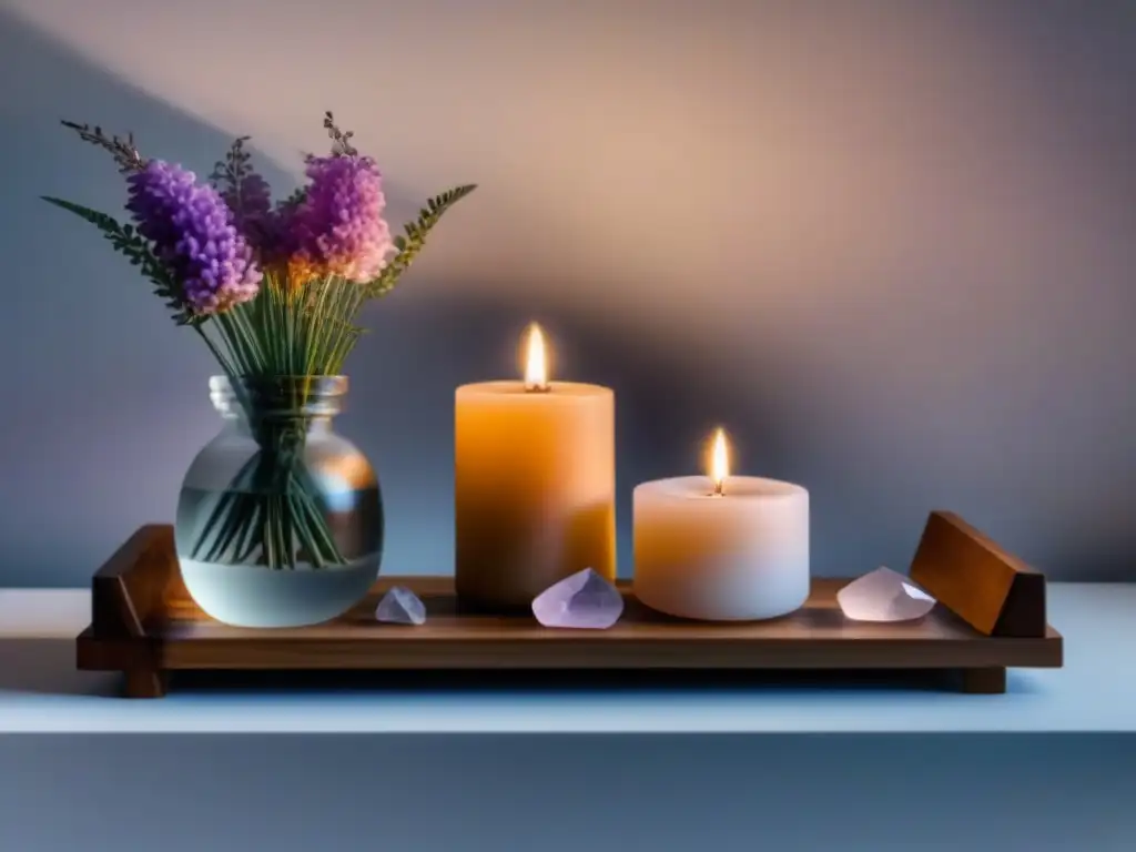 Altar de cristales para terapia: armonía en casa Un rincón sereno de cristaloterapia para equilibrar energía en casa, con cristales seleccionados y una vela encendida
