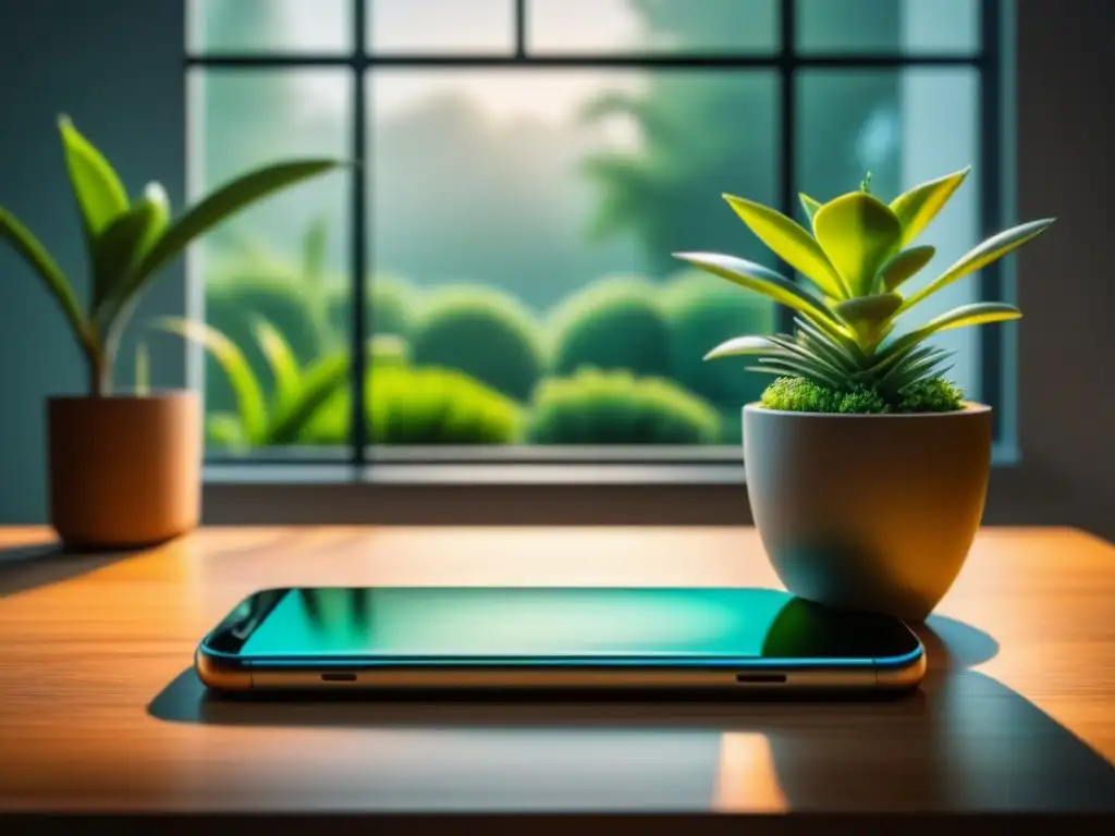 Espacio de trabajo minimalista y sereno con planta suculenta y té verde Un rincón sereno con escritorio de madera, planta suculenta, té verde y técnica Pomodoro para relajarse