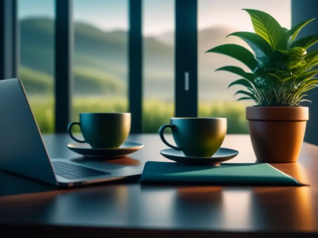 Escenario de meditación guiada para emprendedores ocupados Un rincón sereno con escritorio moderno, portátil, planta, té, auriculares y app de meditación