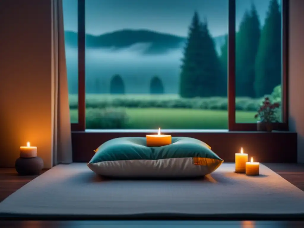 Espacio de meditación sereno con vista a un jardín tranquilo Un rincón sereno para meditar, iluminado con velas y aceites esenciales para meditación relajante