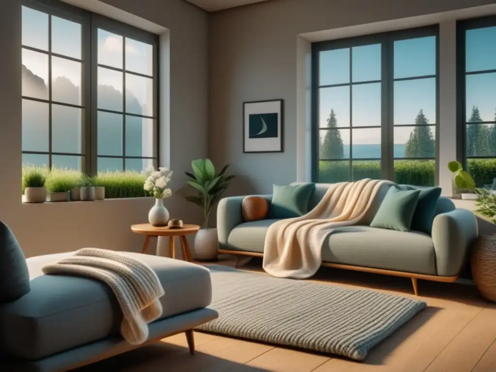 Salón minimalista y sereno: sillón acogedor, libros y jardín Un rincón sereno y minimalista, con tonos suaves y una butaca acogedora