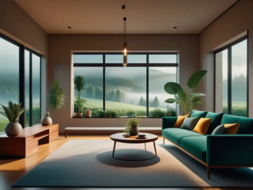 Salón minimalista con ventana y jardín verde Un rincón sereno y minimalista con vista a un jardín verde exuberante