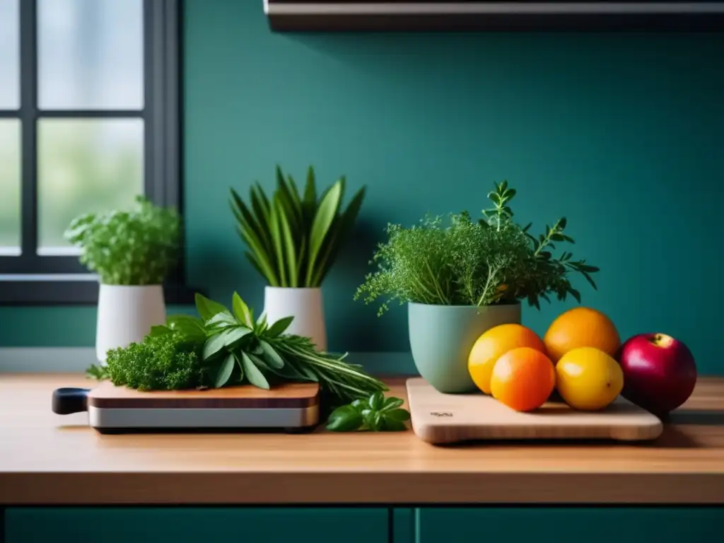 Cocina serena: hierbas frescas, frutas coloridas y libros de recetas Un rincón sereno y organizado de cocina con hierbas frescas, frutas y libros de recetas