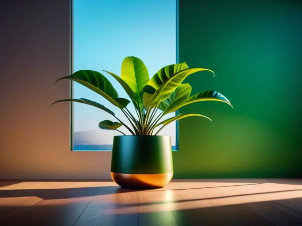 Espacio sereno con planta verde iluminada por el sol Un rincón sereno con una planta exuberante iluminada por el sol, ideal para estudiar fitoterapia en casa