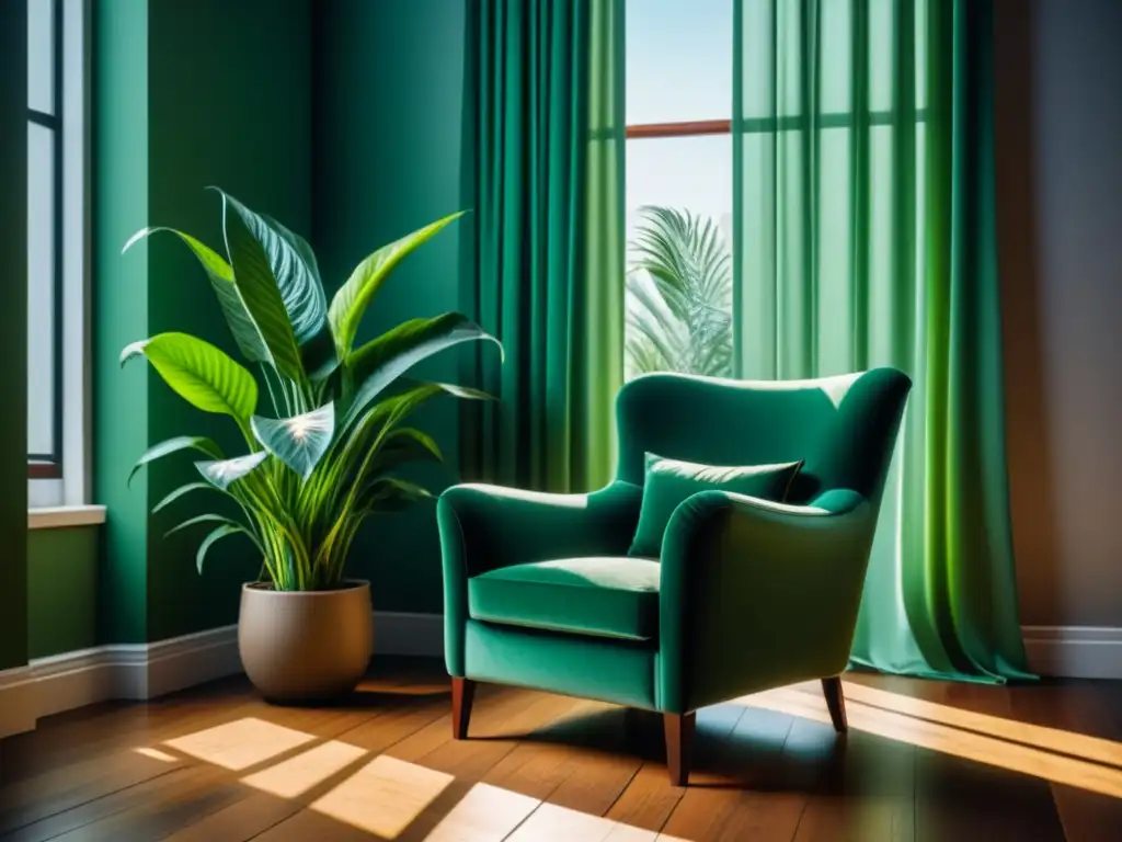 Espacio sereno con plantas verdes en habitación iluminada Un rincón sereno con plantas purificadoras del aire, creando un ambiente relajante y acogedor