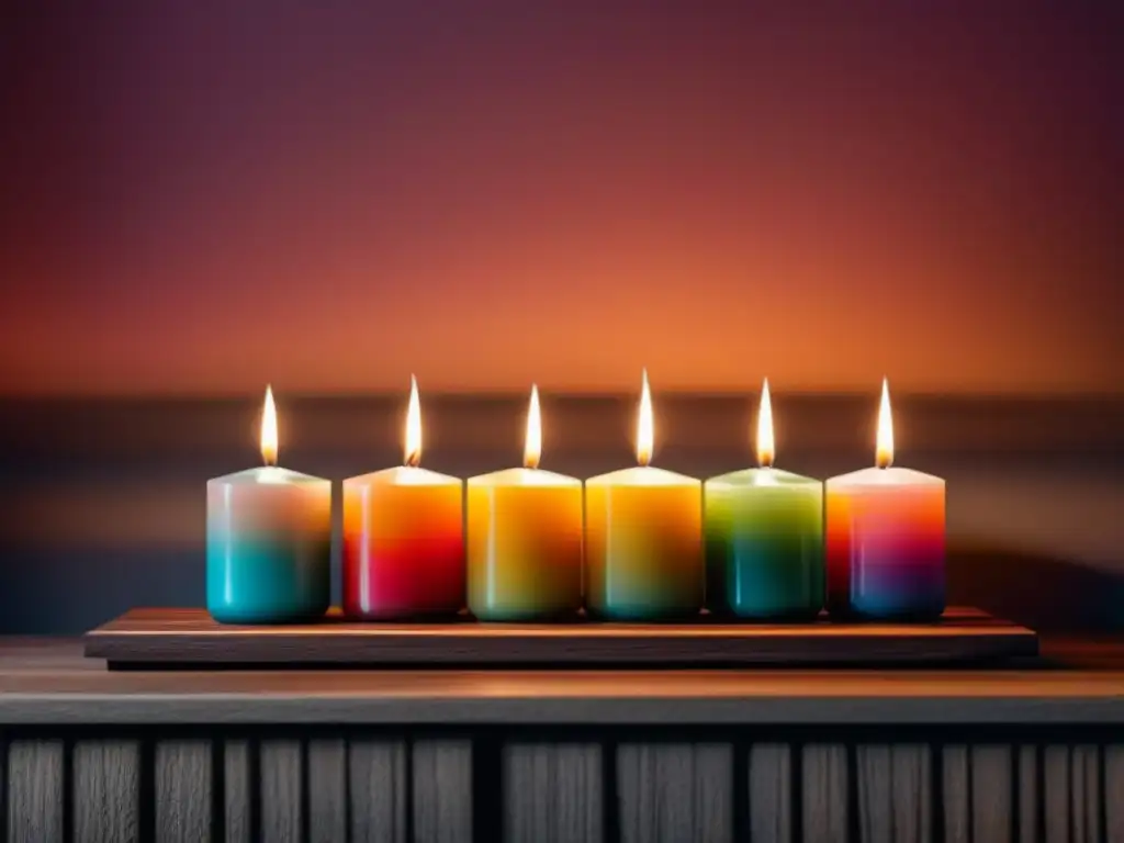 Armonía cromática: velas minimalistas en ambiente sereno Un rincón sereno con velas cromoterapia hogar bienestar en estantería de madera iluminada por luz natural suave