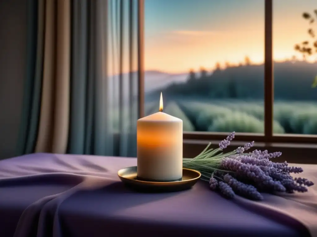 Vela aromática y lavanda en un spa sereno Un ritual de relajación para piel: vela brillante rodeada de lavanda en un spa tranquilo con tonos terrosos y luz suave filtrando por cortinas