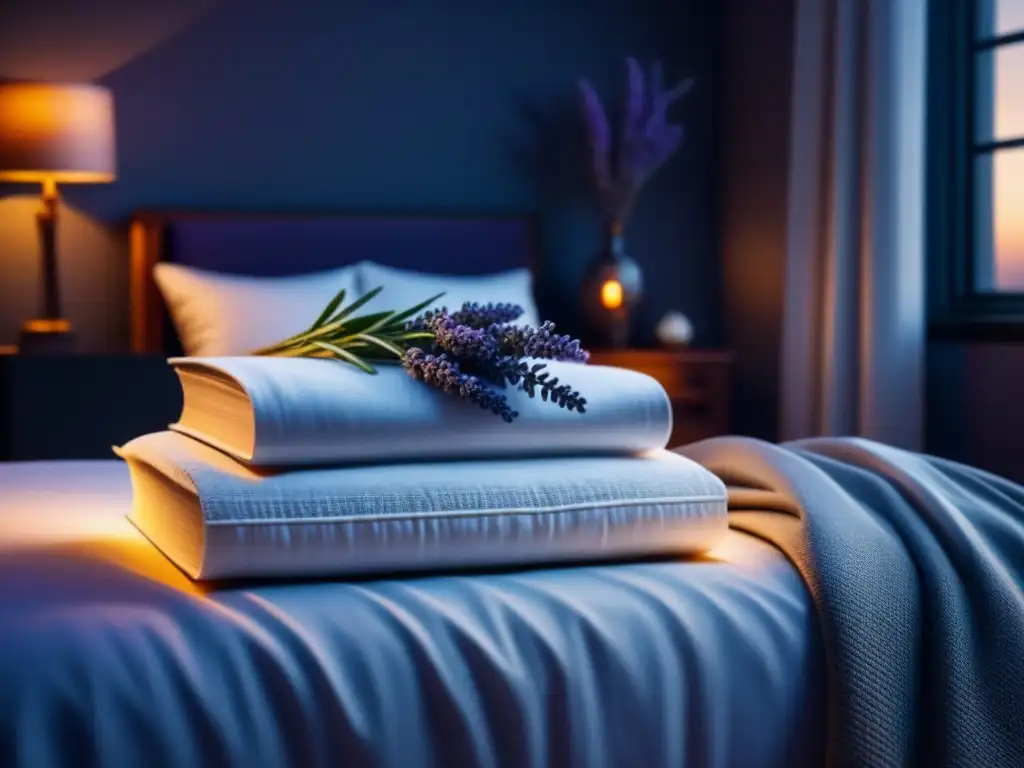 Dulce descanso: cama acogedora, luz cálida y lavanda fresca Rutina nocturna para relajarse: cama acogedora, luz cálida, libros ordenados y lavanda fresca