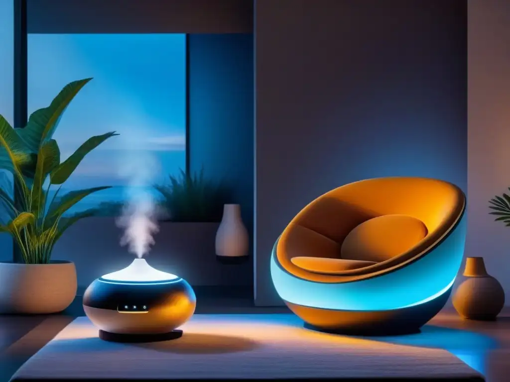 Salón futurista de bienestar: gadgets integrados para relajación Sala acogedora con gadgets bienestar hogar 2023 integrados en la decoración futurista