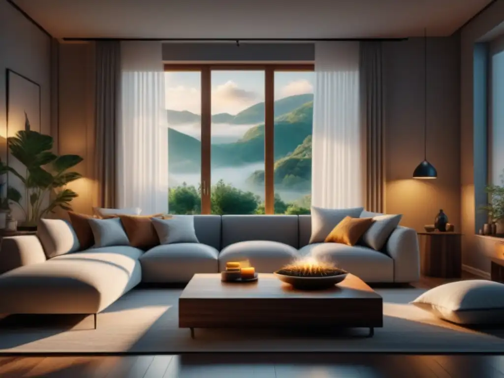 Salón minimalista en tonos suaves con aromaterapia relajante Decoración con aromaterapia para relajación: Sala minimalista con difusores aromáticos, sofá acogedor y luz suave