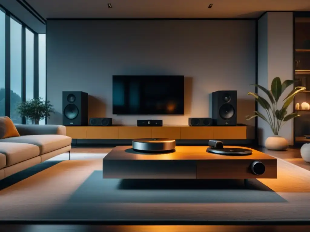 Sala minimalista con sistema de sonido de alta fidelidad integrado, lujo y elegancia en sonido ambiental hogar