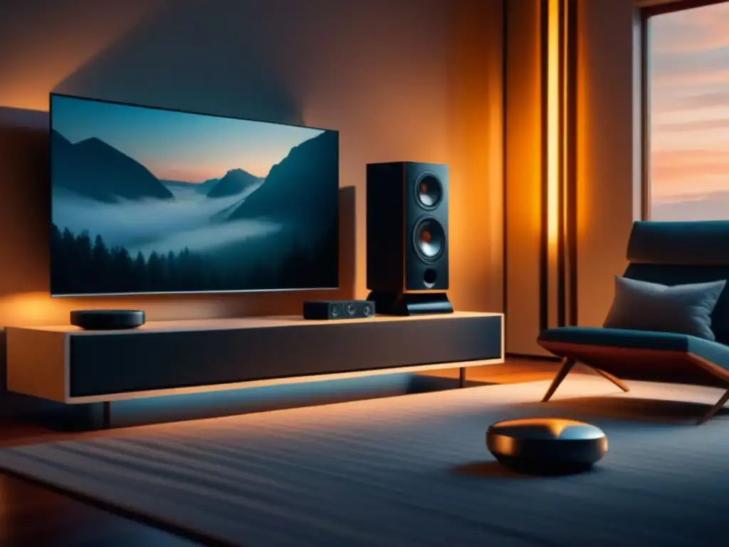 Una sala moderna con altavoces integrados en la decoración minimalista, iluminada con calidez