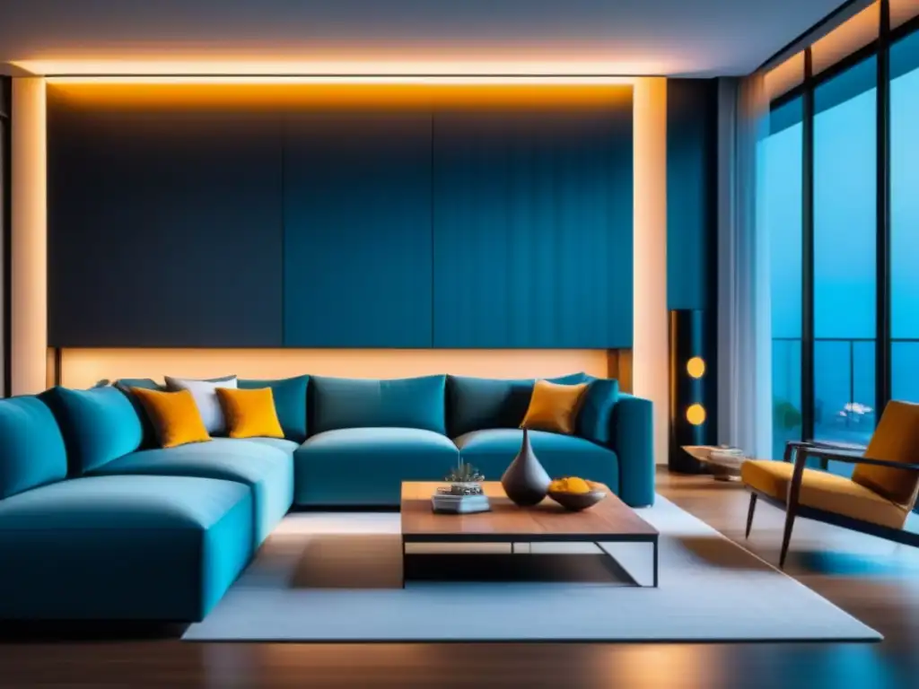 Sala minimalista con iluminación inteligente integrada Sala moderna con iluminación inteligente para hogar, diseño minimalista y ambiente acogedor