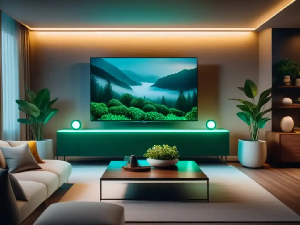 Salón moderno y acogedor con iluminación LED inteligente y cálida Sala moderna con iluminación inteligente para hogar relajante