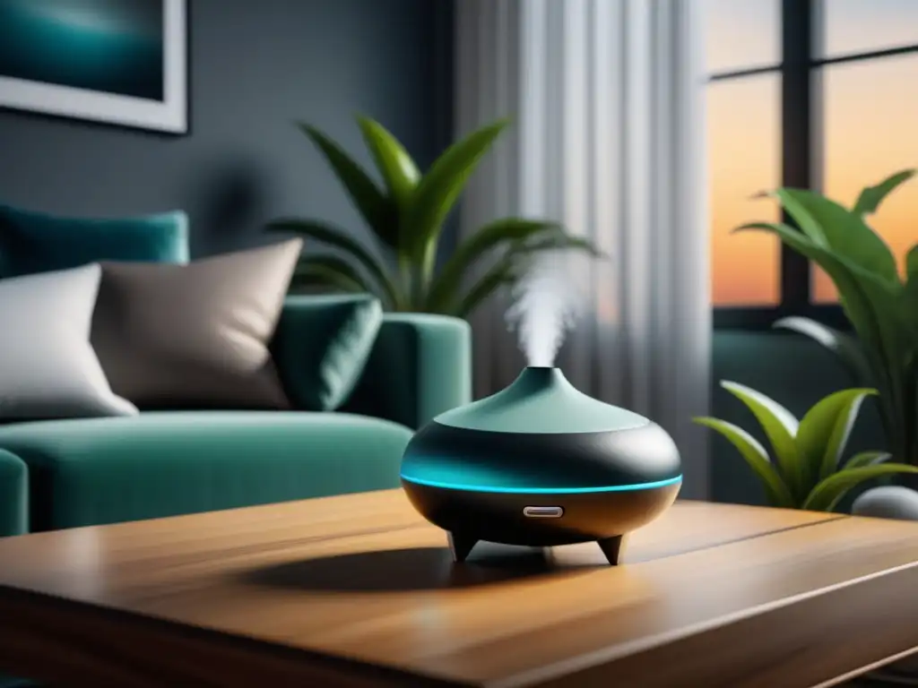 Serena sala de estar con difusor de aromaterapia negro en mesa de madera Una sala moderna y serena con un difusor de aromaterapia negro en una mesa de madera
