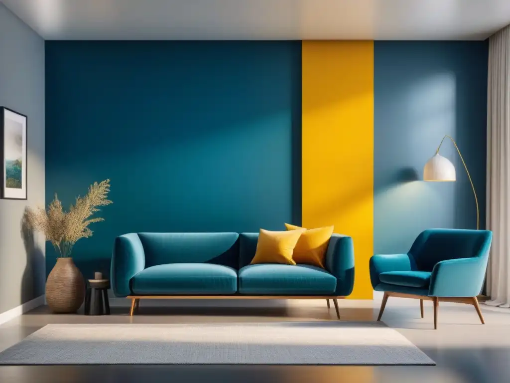Salón moderno: Bloques de color en azul, mostaza y blanco Una sala moderna con técnicas color blocking interiores relajantes en azul, amarillo y blanco, muebles minimalistas y arte abstracto