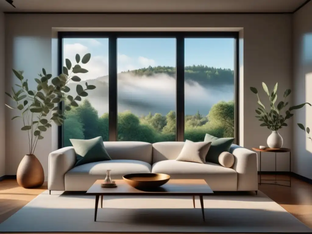 Salón minimalista en tonos neutros con detalles elegantes Una sala serena con decoración minimalista para paz interior: sofá blanco, cojines suaves, mesa de centro moderna, eucalipto fresco y luz natural