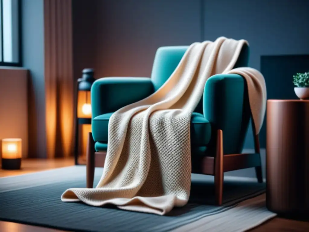 Un salón acogedor con una manta tejida para relajación en casa sobre una elegante butaca