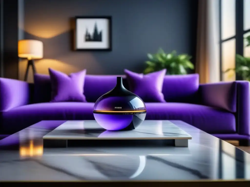 Suntuoso salón minimalista con difusor de aromaterapia en mesa de mármol Salón lujoso y sereno con difusor de aromaterapia en diseño de interiores