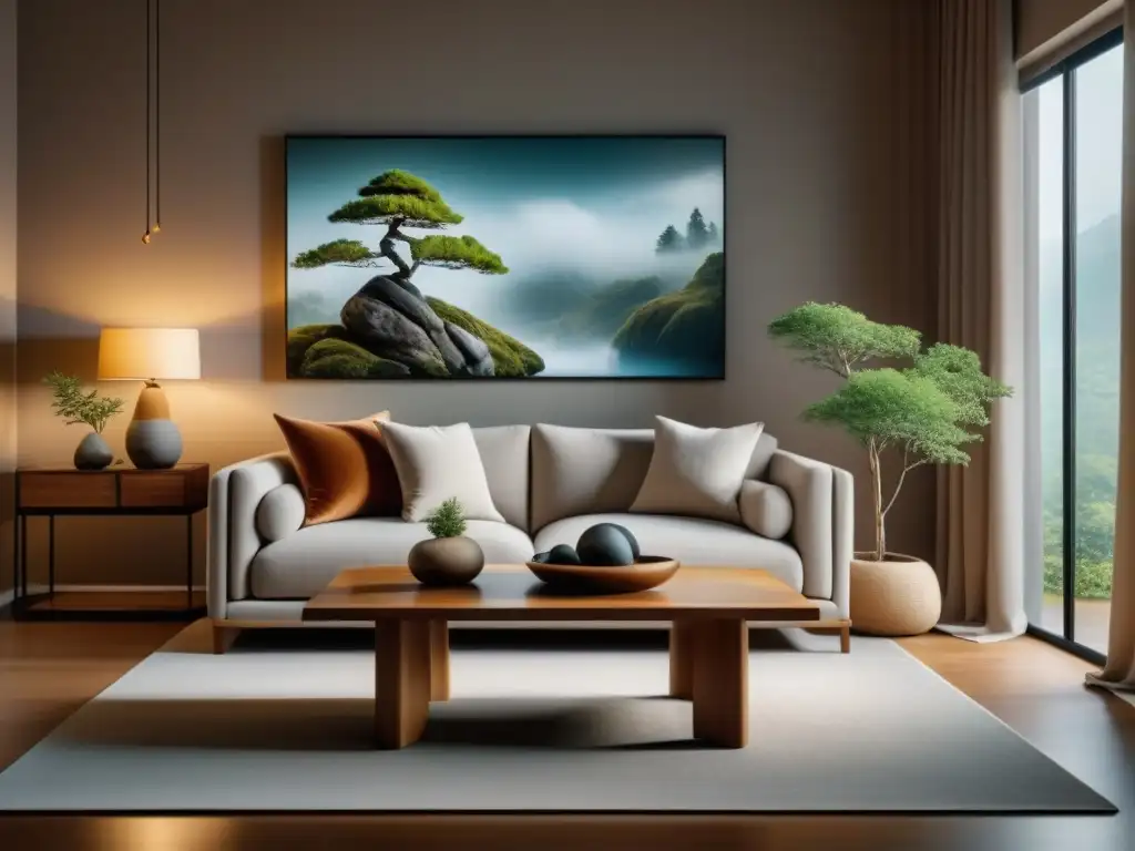 Salón minimalista con Feng Shui para relajación Un salón minimalista armonioso con elementos de Feng Shui para relajación en casa