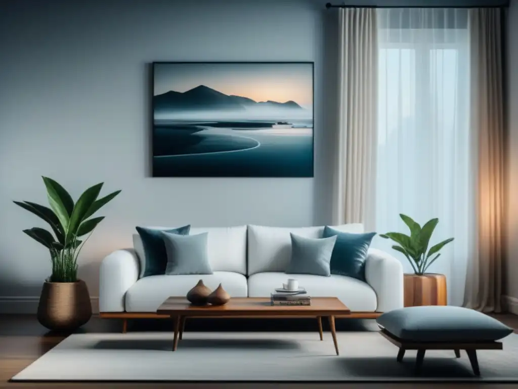 Serenidad minimalista: sala con sofá blanco y arte abstracto Salón minimalista con sofá blanco, cojines grises, mesa de madera y cuadro abstracto en tonos suaves