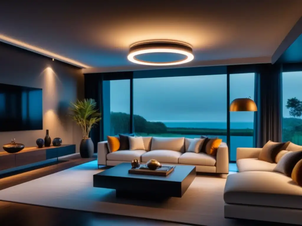 Sala minimalista con iluminación inteligente, acogedora y sofisticada Un salón minimalista con iluminación inteligente creando un ambiente acogedor y sofisticado