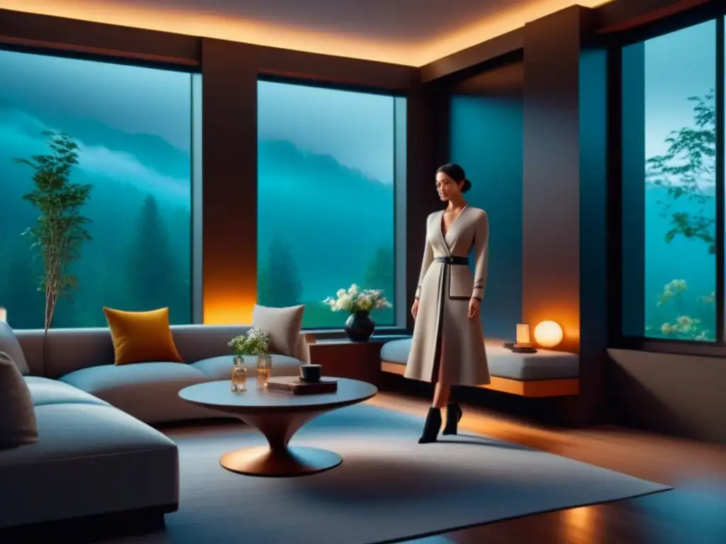 Salón minimalista con luces inteligentes para relajarse Un salón minimalista con luces inteligentes, creando un hogar relajante y acogedor