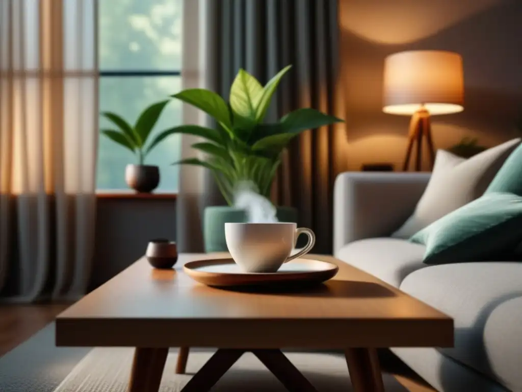 Serenidad en sala minimalista con luz natural y toques terrenales Un salón minimalista con luz natural y detalles de mindfulness en tareas domésticas