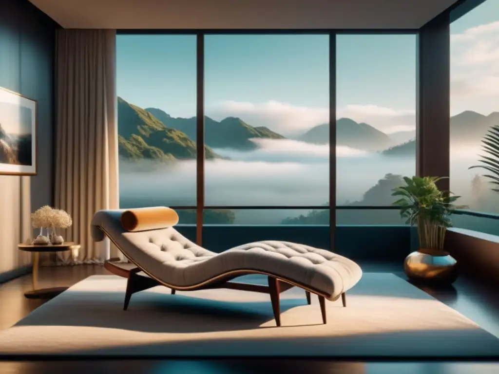 Salón minimalista sereno con chaise lounge de lujo en tonos neutros Un salón minimalista con muebles de lujo para relajación en tonos neutros y elegantes, bañado por luz natural