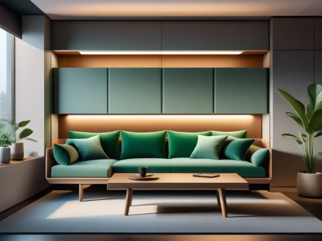 Salón minimalista multifuncional: sofá cama convertible, mesa de café con almacenamiento y escritorio plegable integrados para maximizar el espacio Salón minimalista con muebles multifuncionales para espacios pequeños, ideal para relax