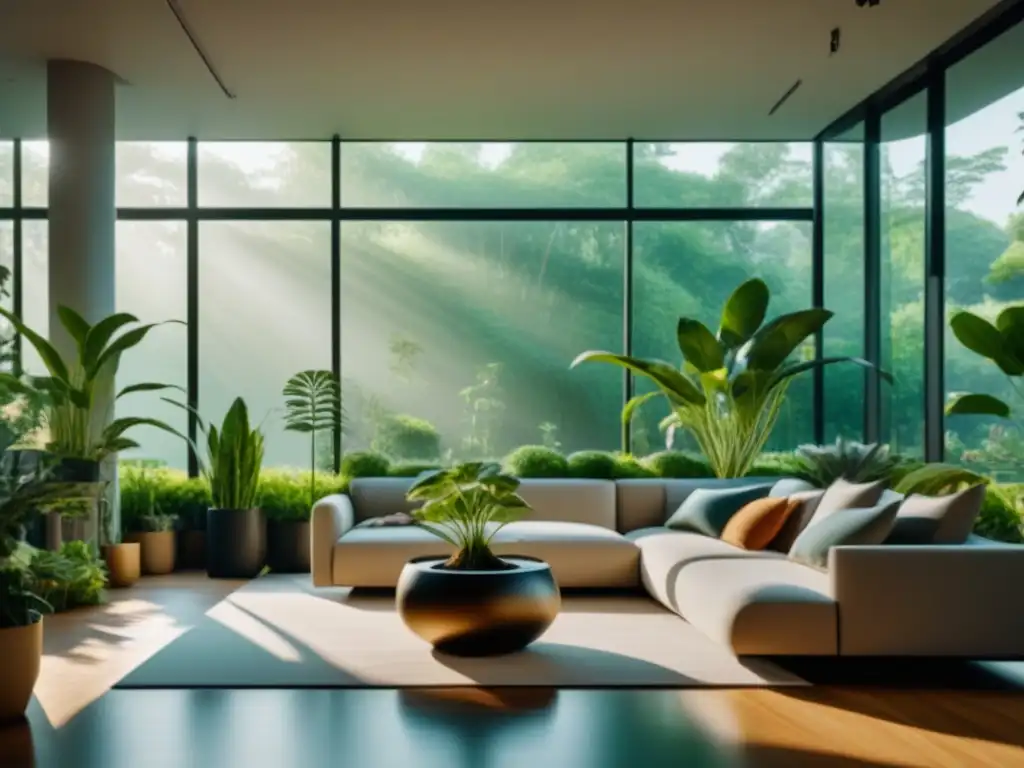 Salón minimalista con plantas elegantes y ventanales Un salón minimalista con plantas en originales macetas, iluminado por luz natural