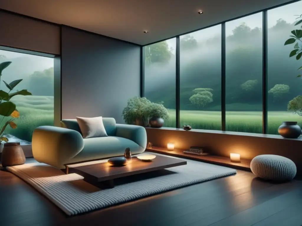 Un salón minimalista y sereno con diseño de sonido hogar relajación