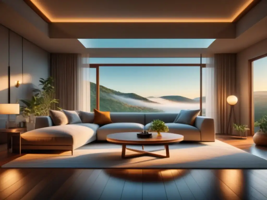 Salón minimalista con iluminación inteligente: oasis de tranquilidad Un salón minimalista y sereno con iluminación inteligente creando una ambientación para relajación en casa